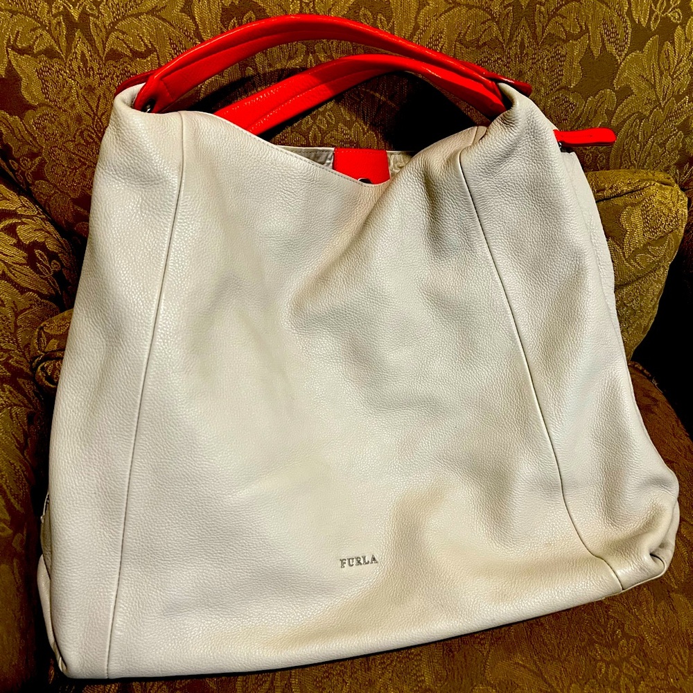 Furla White and Orange Hobo Bag with Modern Minimalist Design